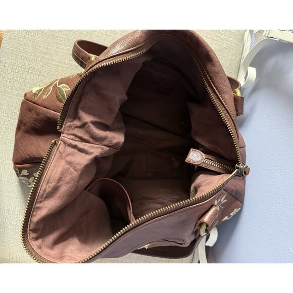 Anthropologie Brown Leather Bag With Gold Rose Embroidered Fairy Princess - Picture 8 of 10